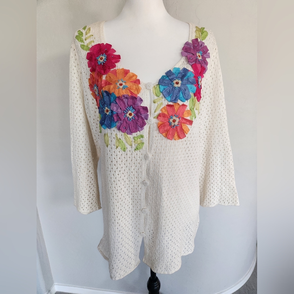 Sigrid Olsen Open Knit Button Up Cardigan Sweater Applique Flowers Beaded Sz L